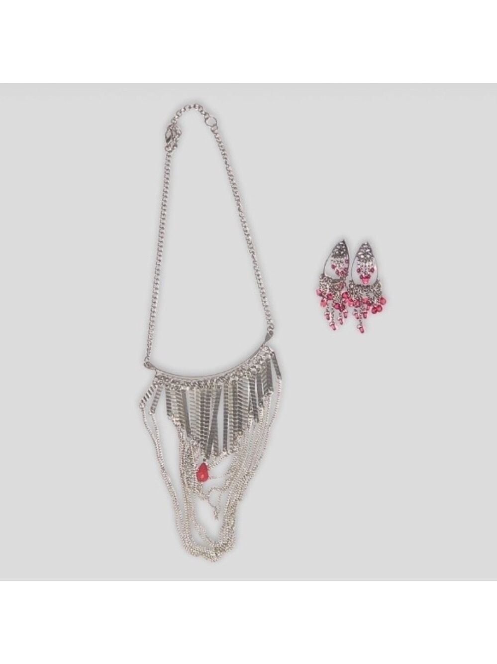 Silver Tone Necklace and Chandelier Earrings Jewelry Set